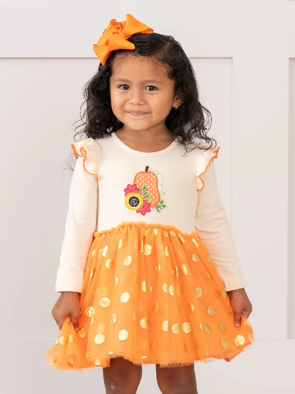 Orange Embroidered Gourds Polka Dot Tulle Dress White Tulle Dress