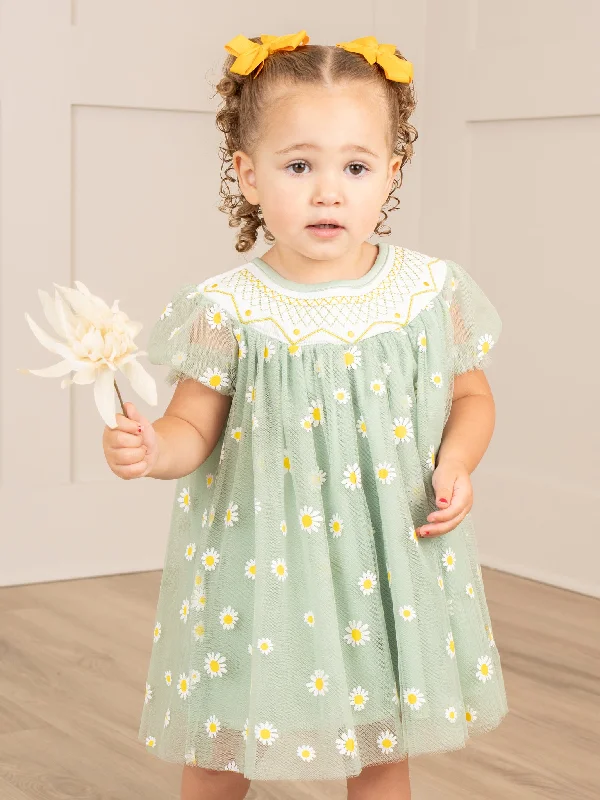 Green Smocked Garden Blooms Tulle Overlay Dress Tulle Dress Flare