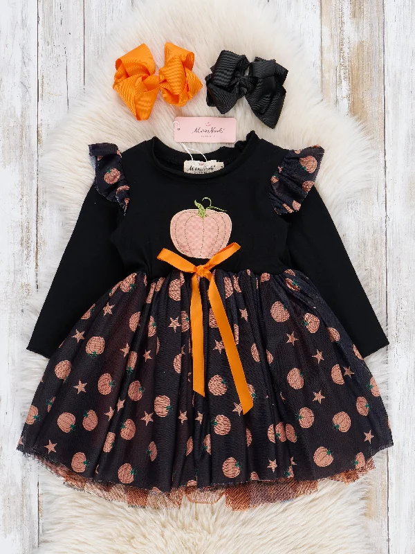 Black & Orange Starry Pumpkin Tulle Dress Elegant Tulle Gown