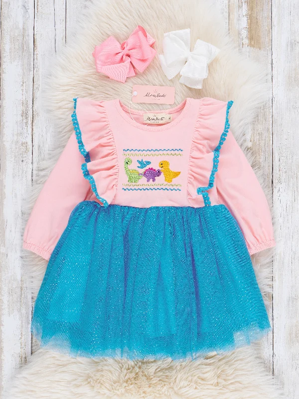 Pink & Blue Sparkle Dinosaurs Tulle Dress Tulle Dress Vibe