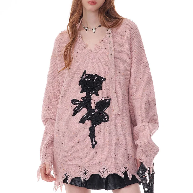 Distressed Rose Print Sweater Fashionable sweaters