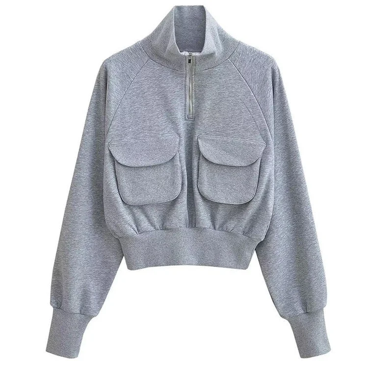 Front Pockets Grey Zip Up Sweatshirt Cotton sweaters