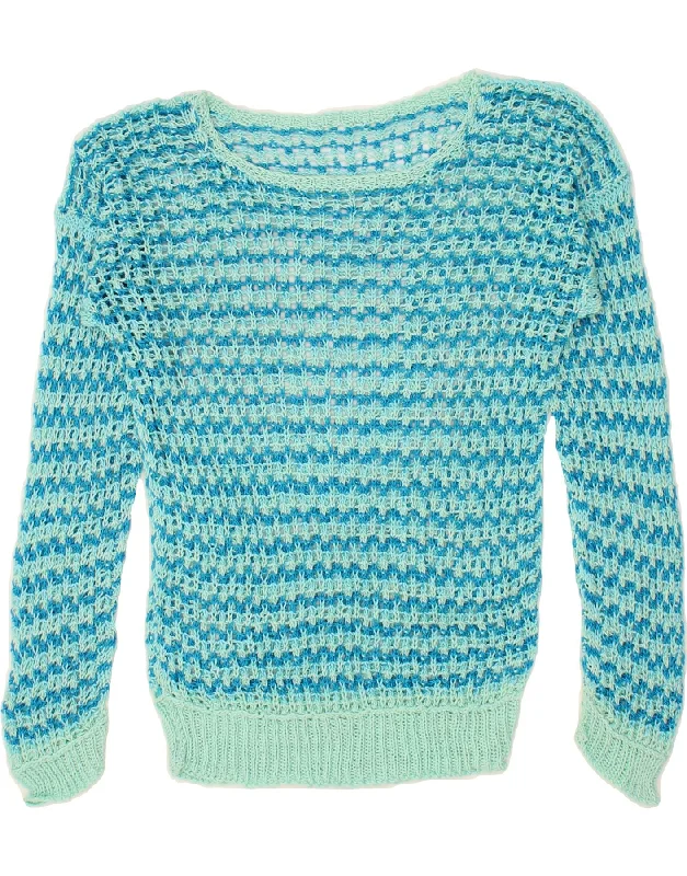 VINTAGE Womens Crochet Boat Neck Jumper Sweater UK 12 Medium Blue Striped Wrinkle-resistant sweaters