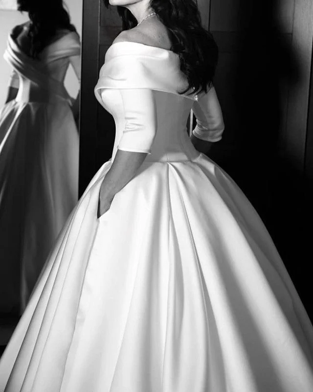 Sleeved Ball Gown Satin Wedding Dress With Pockets Formal Wedding Dress