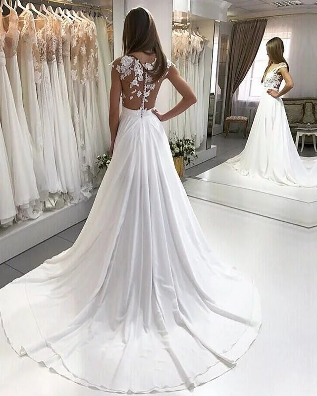 Boho Chic Lace Appliques Long Chiffon Beach Wedding Dresses Vintage Lace Dress