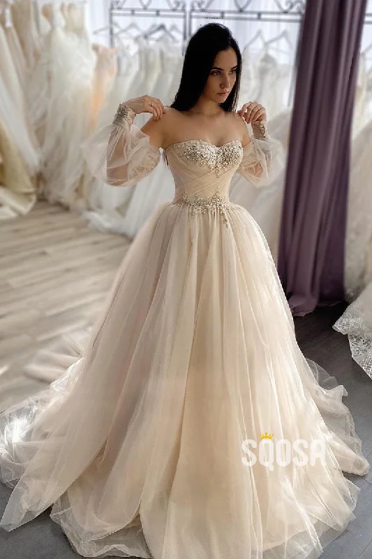 Sweetheart Tulle Appliques Ballgown Wedding Dress with Sleeves QW2614 Boho Wedding Gown