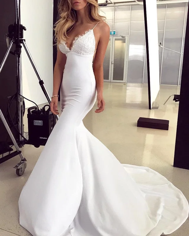 Elegant Lace Appliques V-neck Backless Mermaid Wedding Dresses Princess Wedding Dress