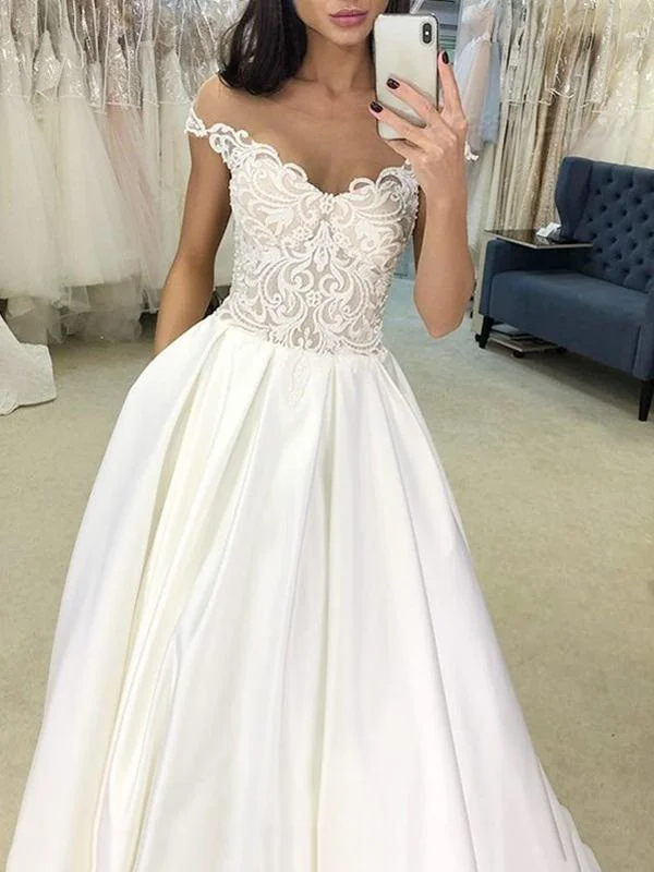 Pretty Cap Sleeves Lace Top Satin A Line Long Wedding Dresses, WD1113 Beaded Lace Wedding