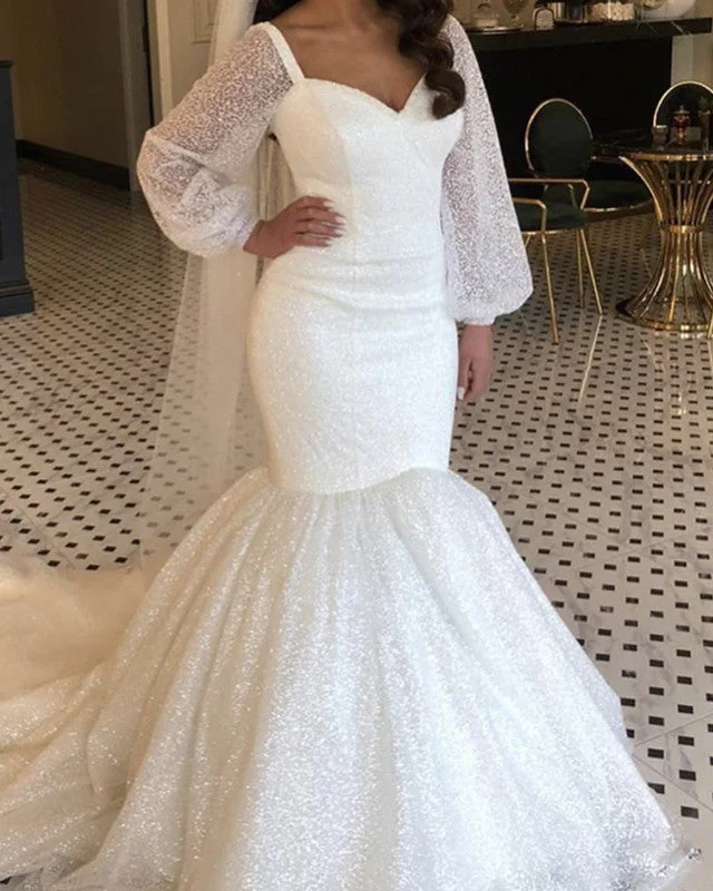 Sequins Mermaid Wedding Dress Puffy Sleeves Glamorous Wedding Dress