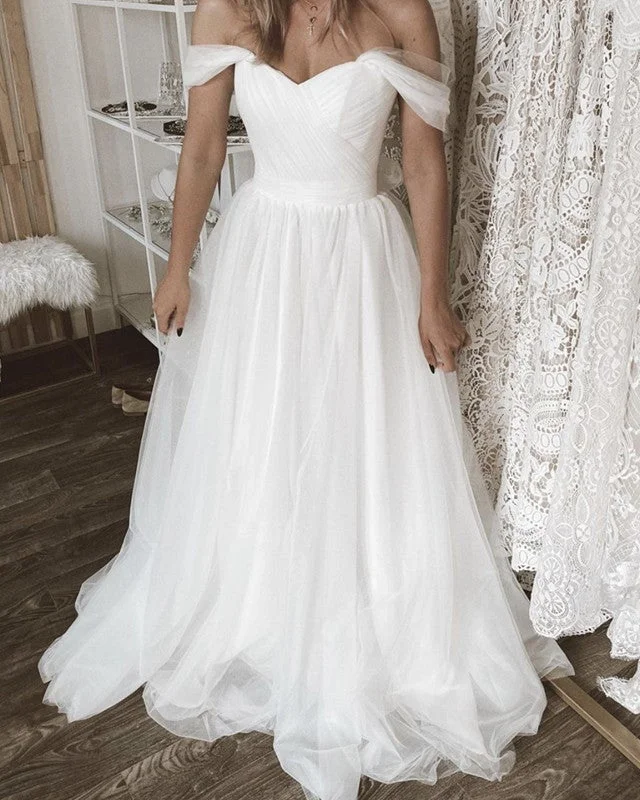 Simple Tulle Off The Shoulder Pleated Wedding Dresses Sparkling Bridal Gown