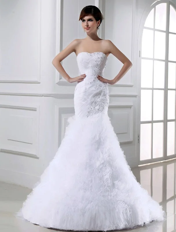 Trumpet/Mermaid Beading Sleeveless Tulle Long Wedding Dresses TPP0006984 Off-shoulder Bridal Dress