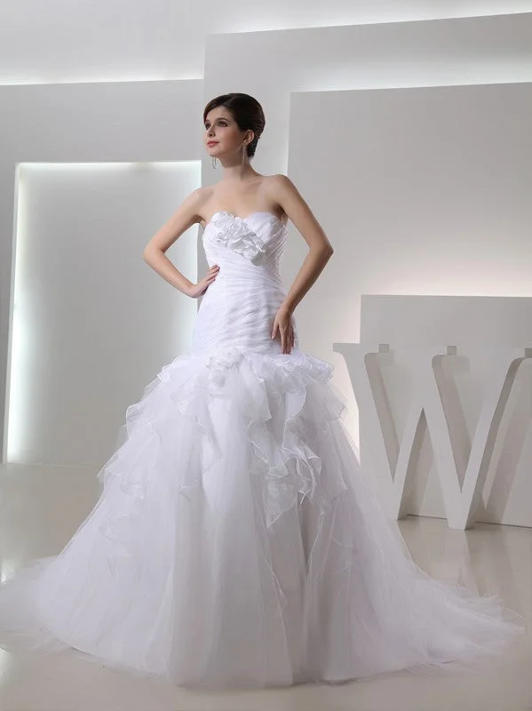 Trumpet/Mermaid Sweetheart Sleeveless Hand-made Flower Organza Wedding Dresses TPP0007000 Illusion Neckline Gown