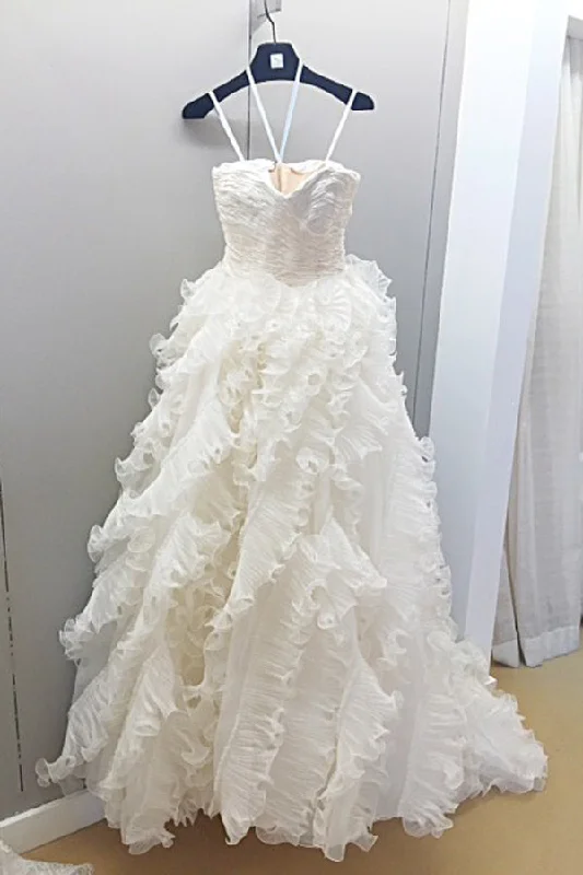 White A Line Court Train Sweetheart Spaghetti Ruffles Wedding Dresses Mermaid Style Gown