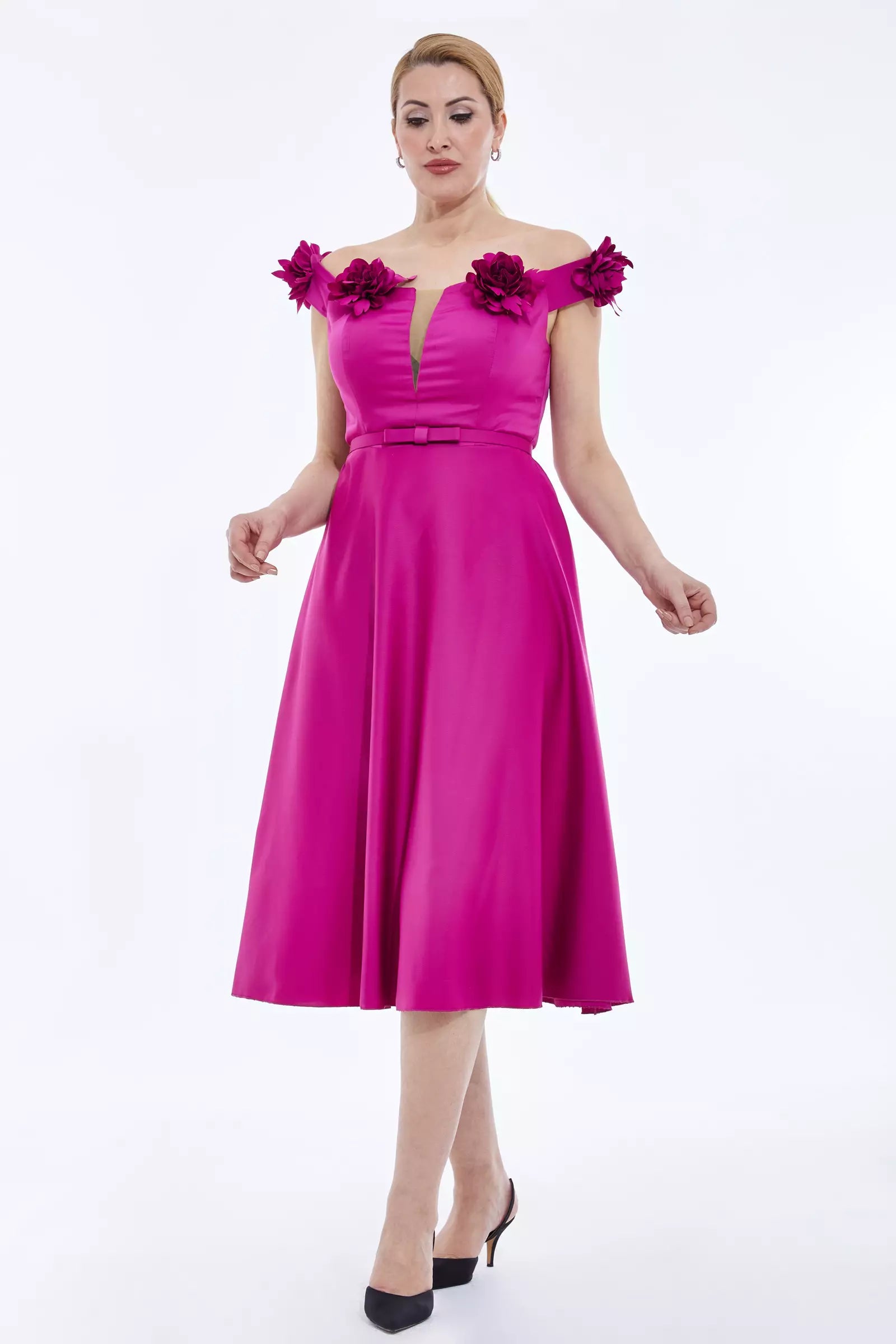 Plus Size Satin Off-Shoulder Midi Dress - Fuchsia Festival midi dresses