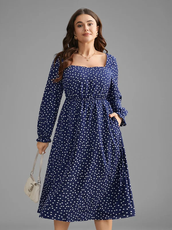 Polka Dot Heart Neckline Midi Dress Office midi dresses