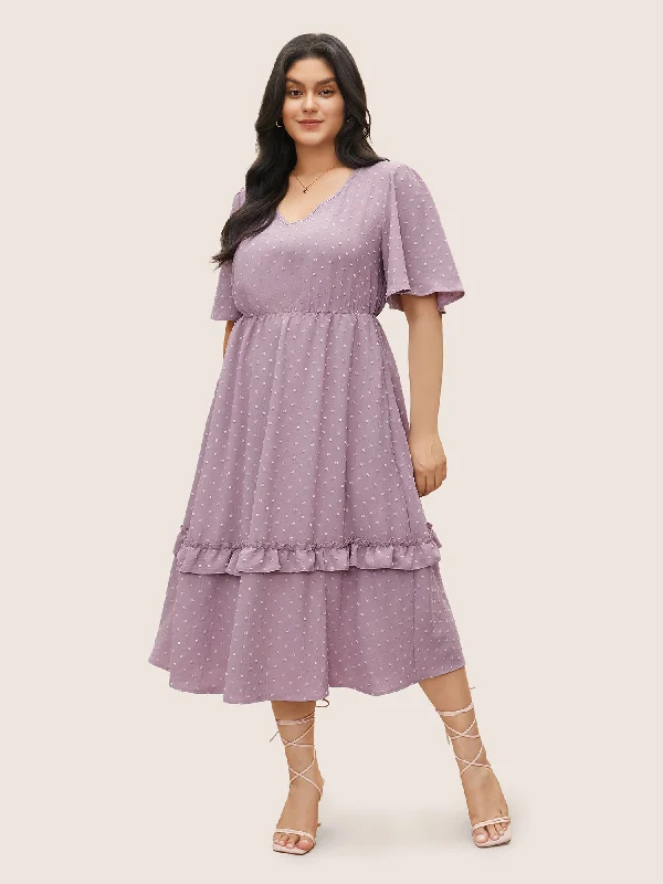 Polka Dot V Neck Pocket Ruffle Midi Dress Stretchy midi dresses