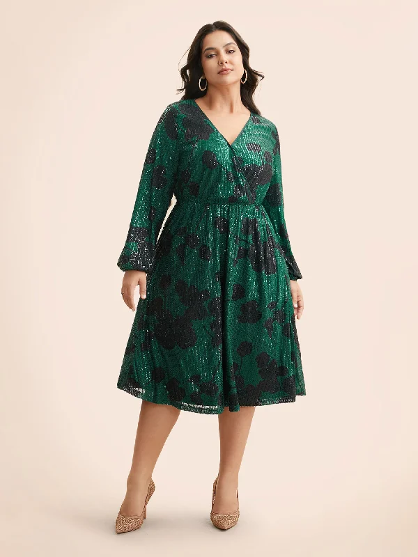 Sequin Floral Lantern Sleeve Midi Dress Knitted midi dresses