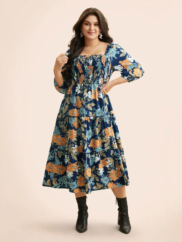 Square Neck Floral Shirred Midi Dress Leather midi dresses