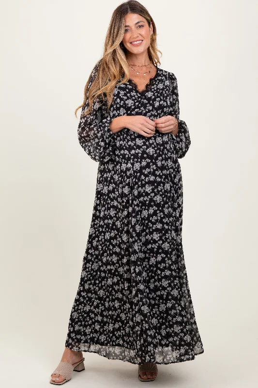 Black Floral Chiffon Lace Trim Back Tie Maternity Maxi Dress Summer maxi dresses