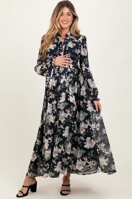 Black Floral Chiffon Ruffle Accent Button Down Maternity Maxi Dress Wrap maxi dresses