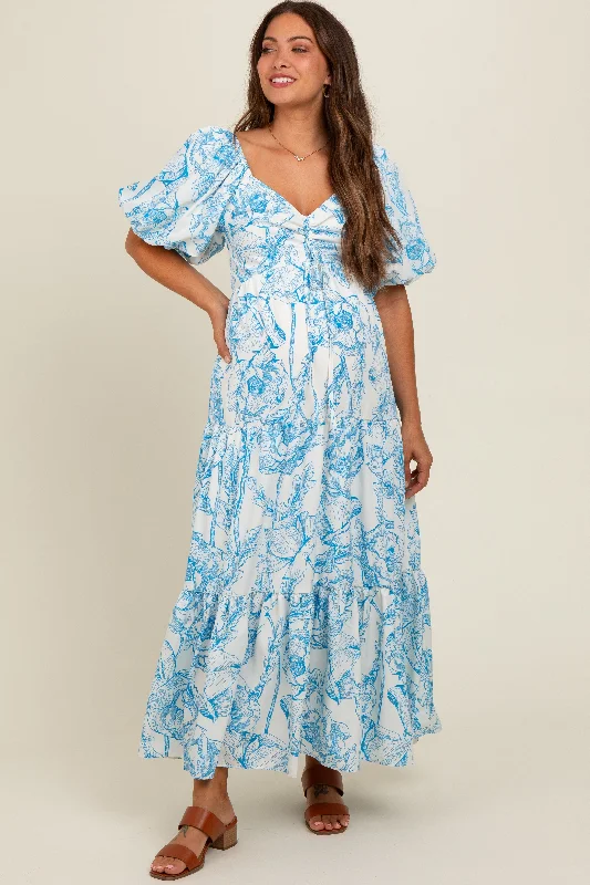 Blue Floral Cinched Tie Maternity Maxi Dress Cheap maxi dresses