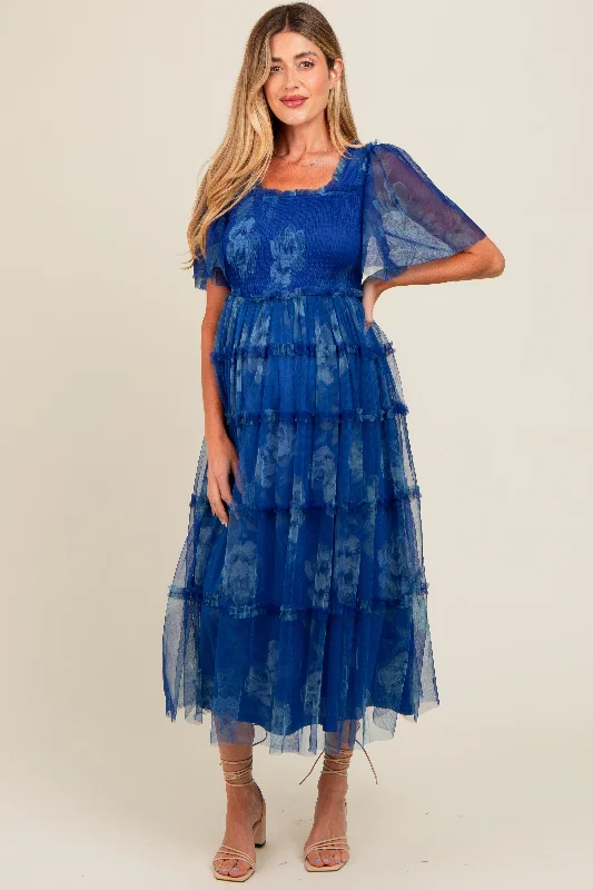 Blue Floral Smocked Tulle Maternity Maxi Dress Best maxi dresses for plus size