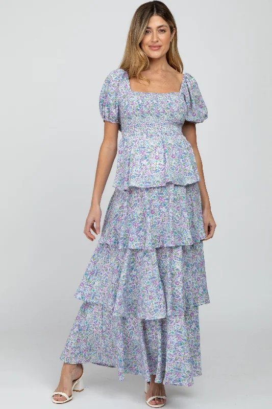 Blue Floral Square Neck Ruffle Layered Maternity Maxi Dress Must-have maxi dresses for this season