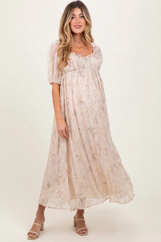 Cream Floral Chiffon Embroidered Ruffle Trim Maternity Maxi Dress Graduation maxi dresses