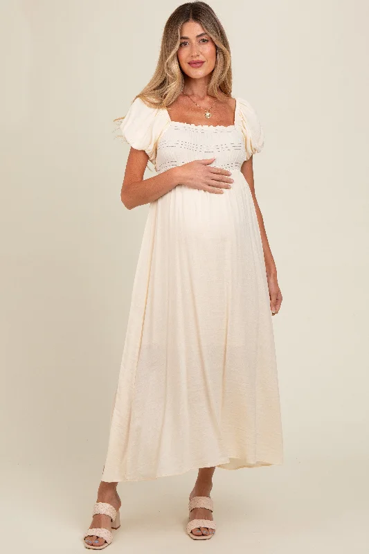 Cream Smocked Puff Sleeve Maternity Maxi Dress Anniversary maxi dresses