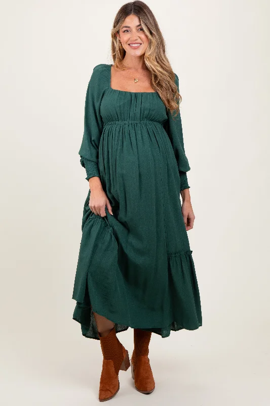 Forest Green Square Neckline Bubble Sleeve Maternity Maxi Dress Knitted maxi dresses