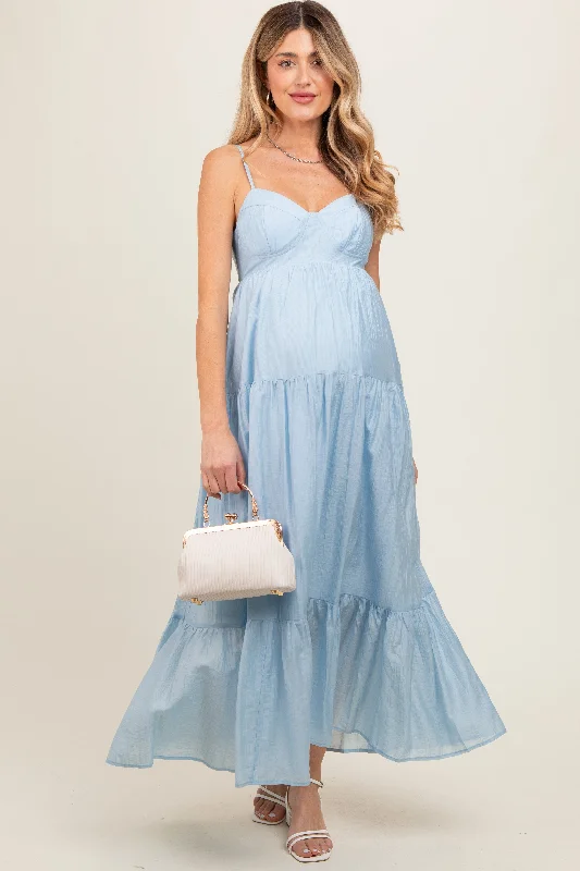 Light Blue Sleeveless Tiered Maternity Maxi Dress Office maxi dresses