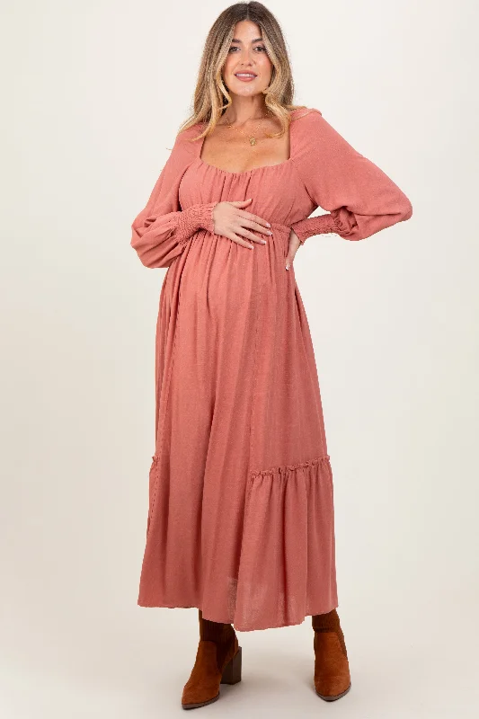 Mauve Square Neckline Bubble Sleeve Maternity Maxi Dress Minimalist maxi dresses