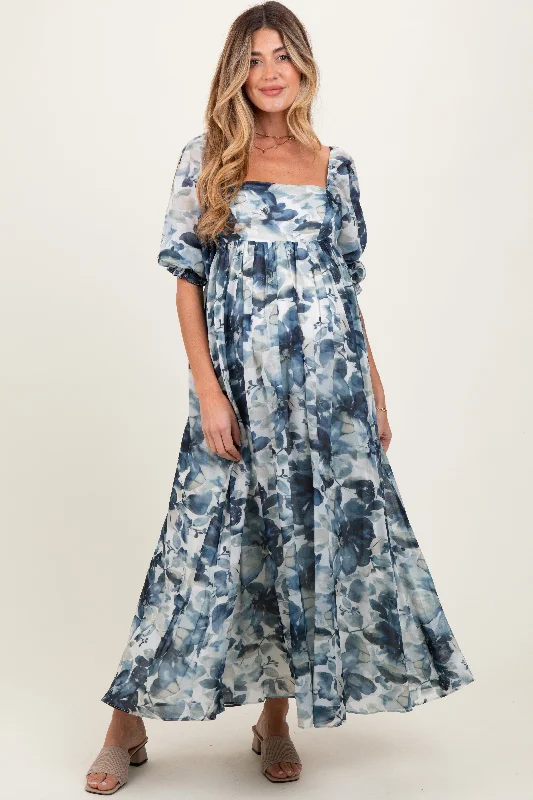 Navy Floral 3/4 Puff Sleeve Maternity Maxi Dress Revolve maxi dresses