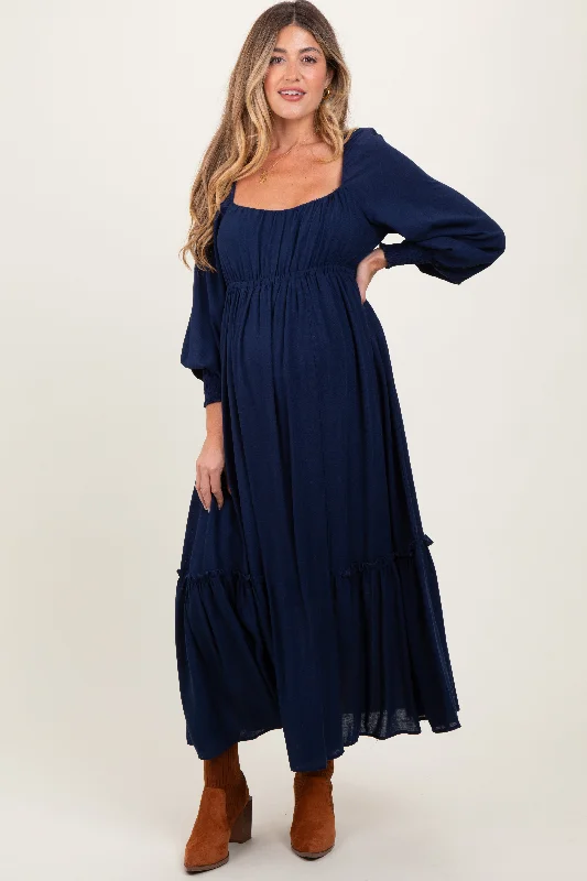 Navy Square Neckline Bubble Sleeve Maternity Maxi Dress Best maxi dresses for curvy figures