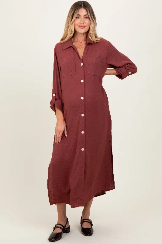 Rust Long Sleeve Button Down Maternity Maxi Dress Sleeveless maxi dresses