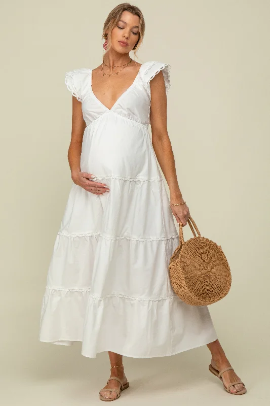 White Ruffle Trim Maternity Maxi Dress Lightweight maxi dresses for hot weather