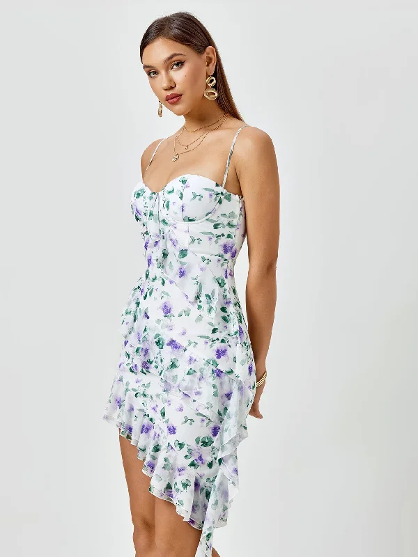 Asymmetrical Hem Ruched Corset Floral Dress Y2K floral dresses