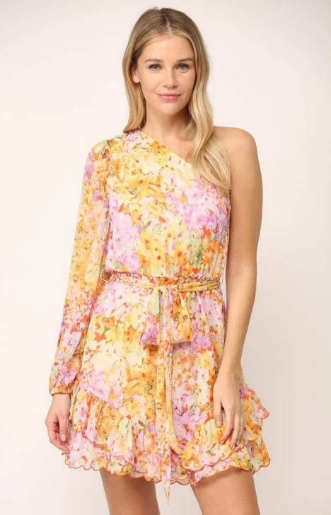 Floral Print One Shoulder Scallop Hem Dress, Fate by LFD A-line floral dresses