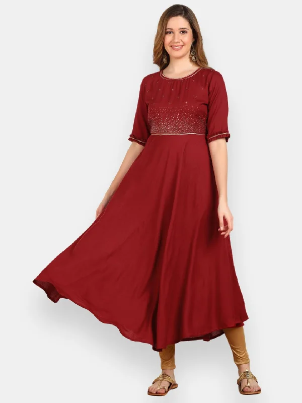 Embellished Flared Solid Kurta - Maroon Spring unclassified dresses