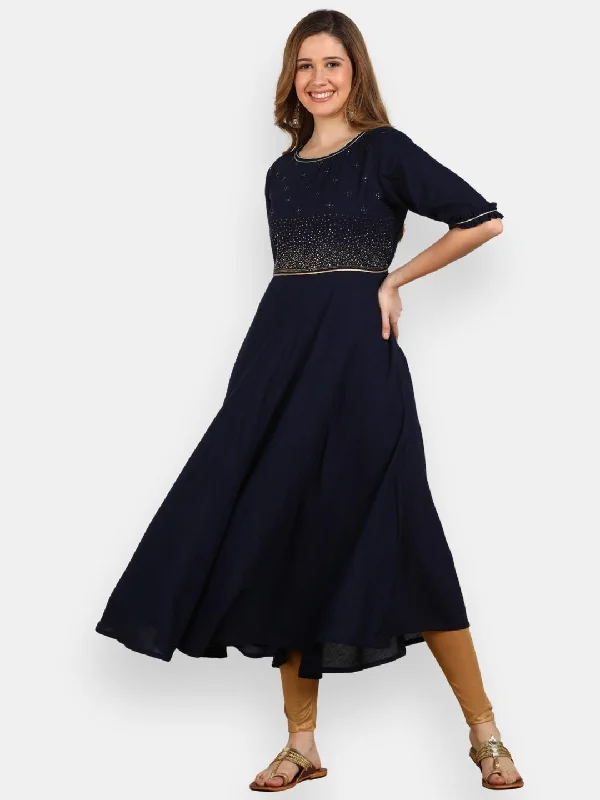 Embellished Flared Solid Kurta - Navy Blue Trendy new unclassified dresses