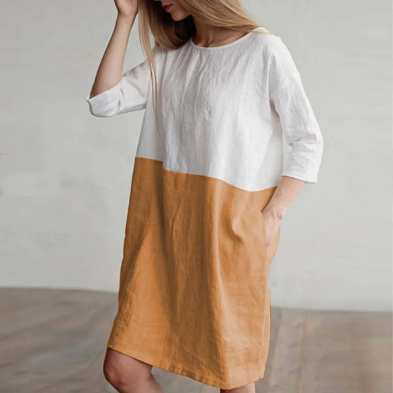 Loose Cotton Linen Summer Dress Women O-neck Half Sleeve Pockets Dress Ladies Patchwork Soft Linen Dresses Minimalist unclassified dresses