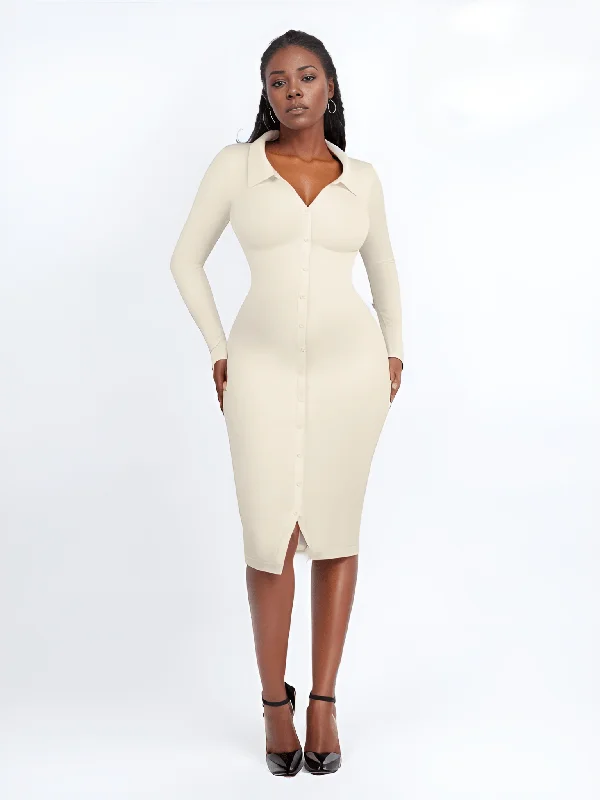 Raven - Shapewear Dress Front Button Collar Pastel unclassified dresses