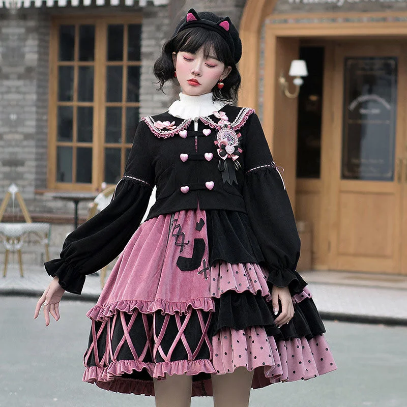 Ruffle Black Bow Crew Neck Sweet Lolita Outfit Travel unclassified dresses