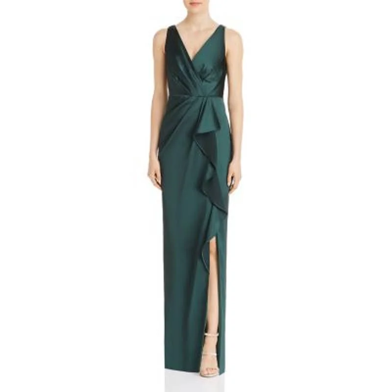 Adrianna Papell Ladies Sleeveless Forest Green Gown w/ Ruffle Accents & Leg Slit Off-shoulder unclassified dresses