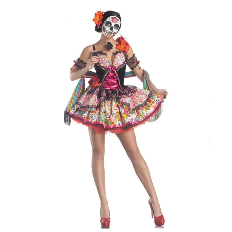 Adult Skeleton Day of The Dead Costume Women's Sexy Sugar Skull Dia Flower Fairy Halloween ghost vampire bride Fancy Dress Lounge unclassified dresses