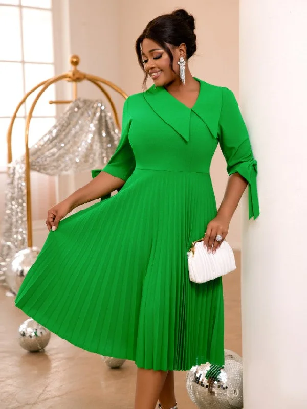 AOMEIDRESS Green Pleated Dress Irregular Collar Half Sleeve with Bows Preppy unclassified dresses