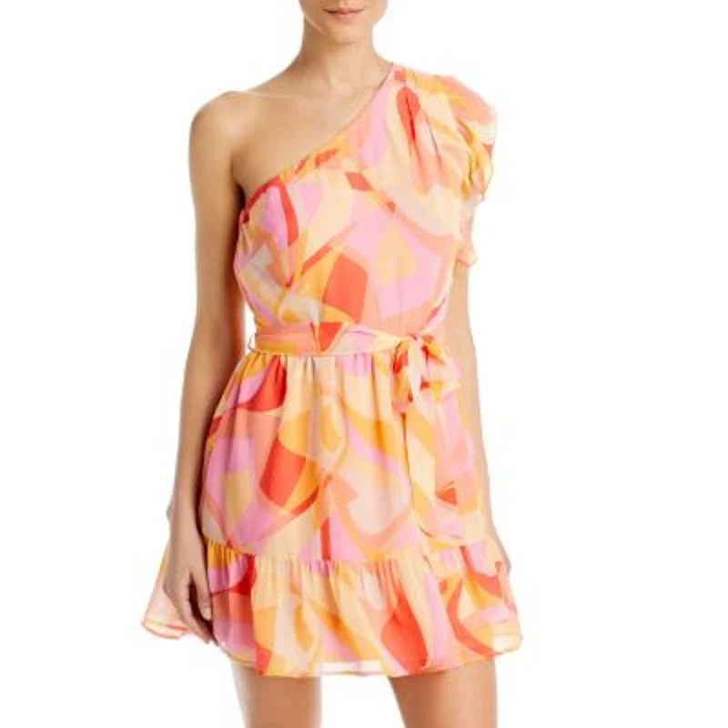 AQUA Ladies Abstract One Shoulder Ruffle Dress, Orange & Pink Vacation unclassified dresses