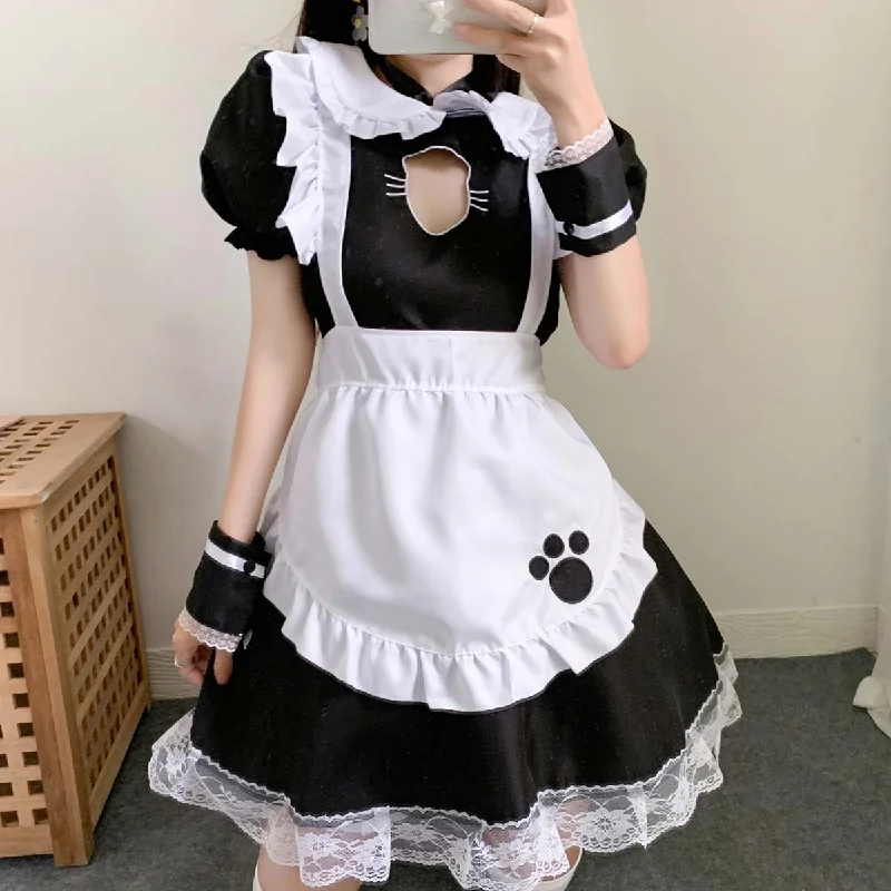 Black Puff Sleeve Ruffles One Piece Dress With Apron And Headpieces High-low unclassified dresses