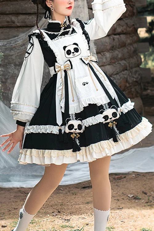 Black/White High Neck Lantern Sleeves Multi-Layer Ruffled Panda Bun Shop Sweet Lolita Op Dress Knitted unclassified dresses