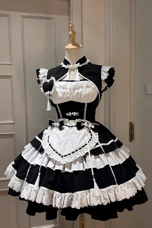 Black/White Multi-Layered Ruffle Sweet Chinese Style Maid Cheongsam Lolita Dress Spring unclassified dresses